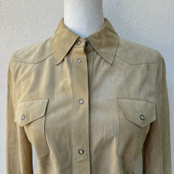 Gucci Suede blouse button snap Size 38 Women's Tailored Fit western classic tan - Picture 2 of 11